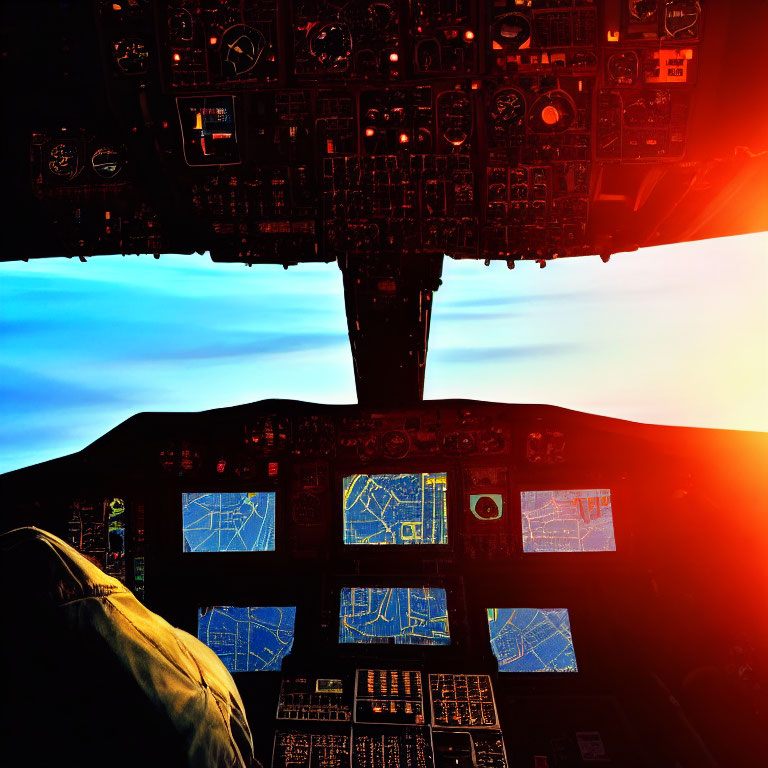 Aerial Sunrise Over Pilot Silhouette and Illuminated Cockpit