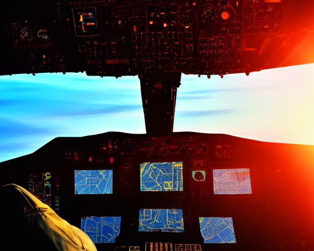 Aerial Sunrise Over Pilot Silhouette and Illuminated Cockpit