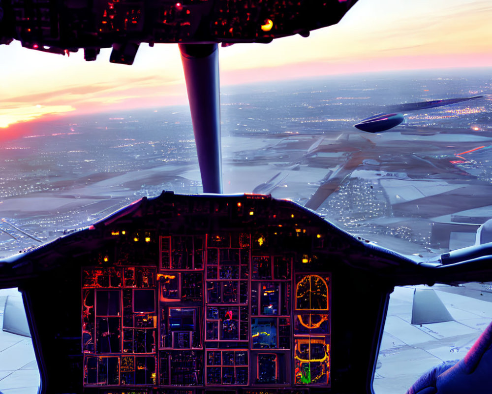 Airplane Cockpit View at Twilight with Lit Instrument Panel & Runway