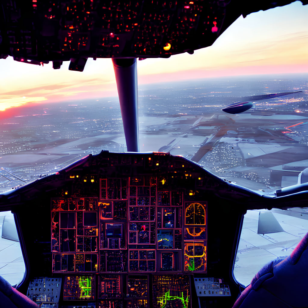 Airplane Cockpit View at Twilight with Lit Instrument Panel & Runway