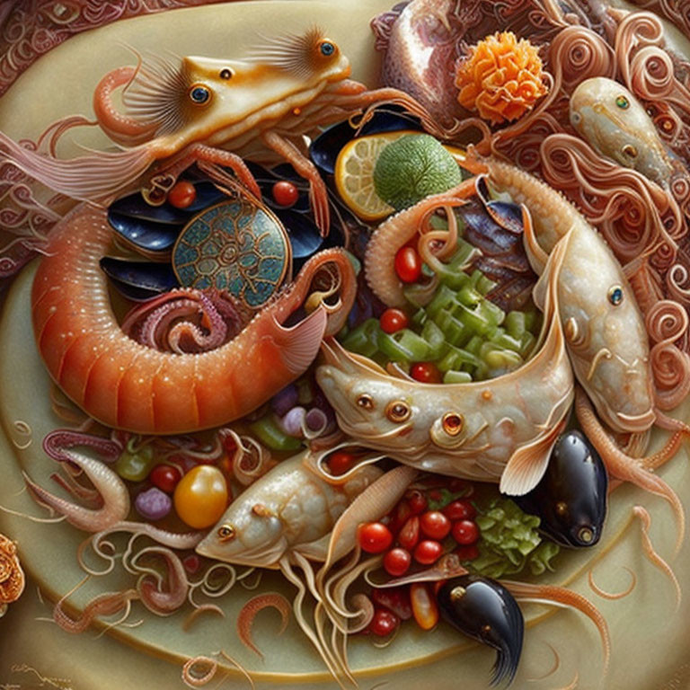 Colorful digital artwork of stylized seafood platter with shrimp, fish, and shellfish, lime