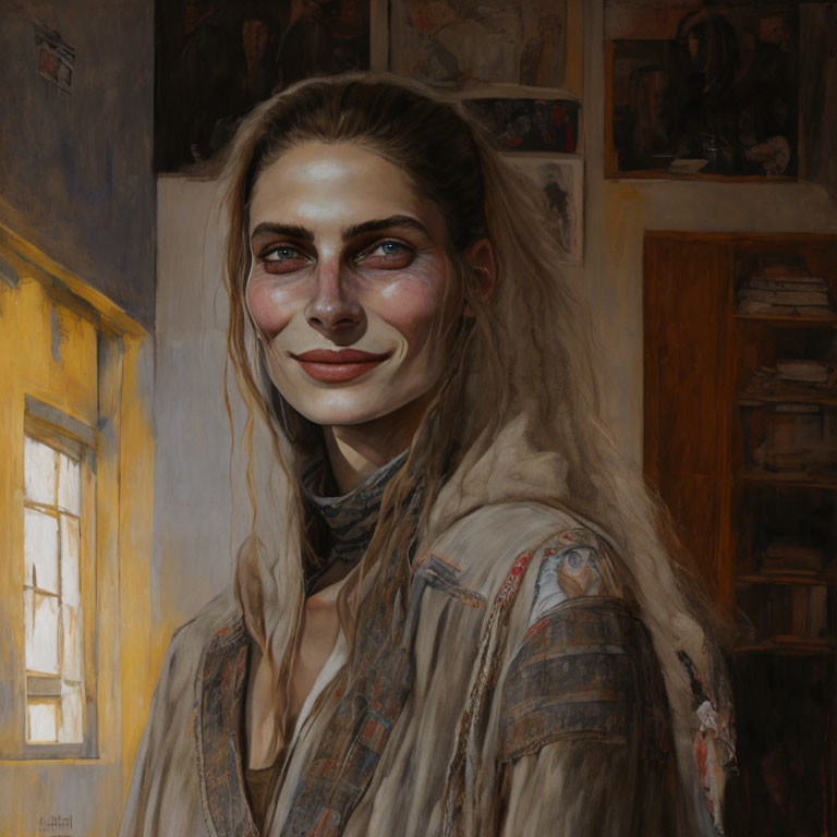 Smiling woman portrait with long hair indoors surrounded by paintings and bookshelves