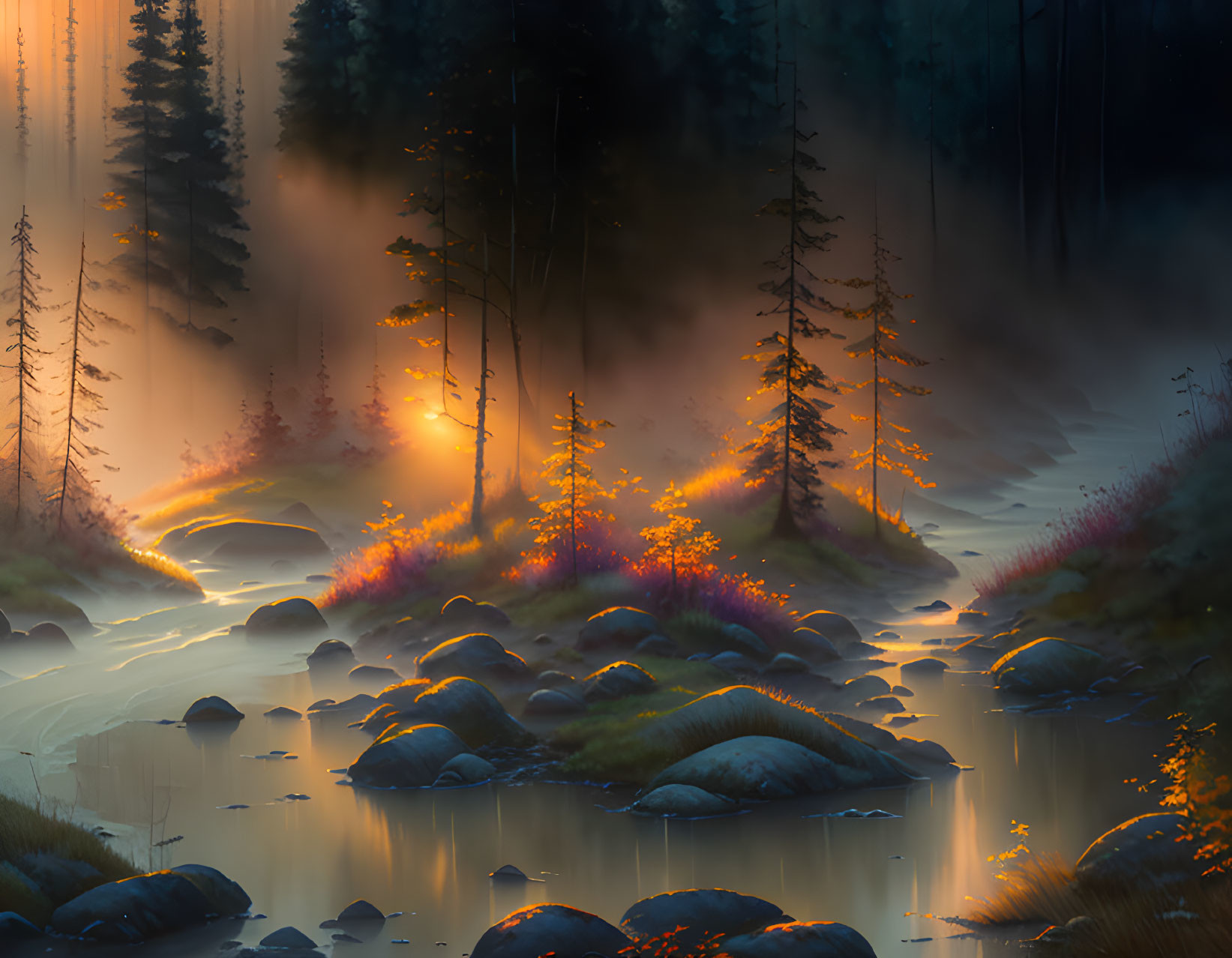 Enchanting twilight forest scene with glowing lights, serene river, and misty ambiance