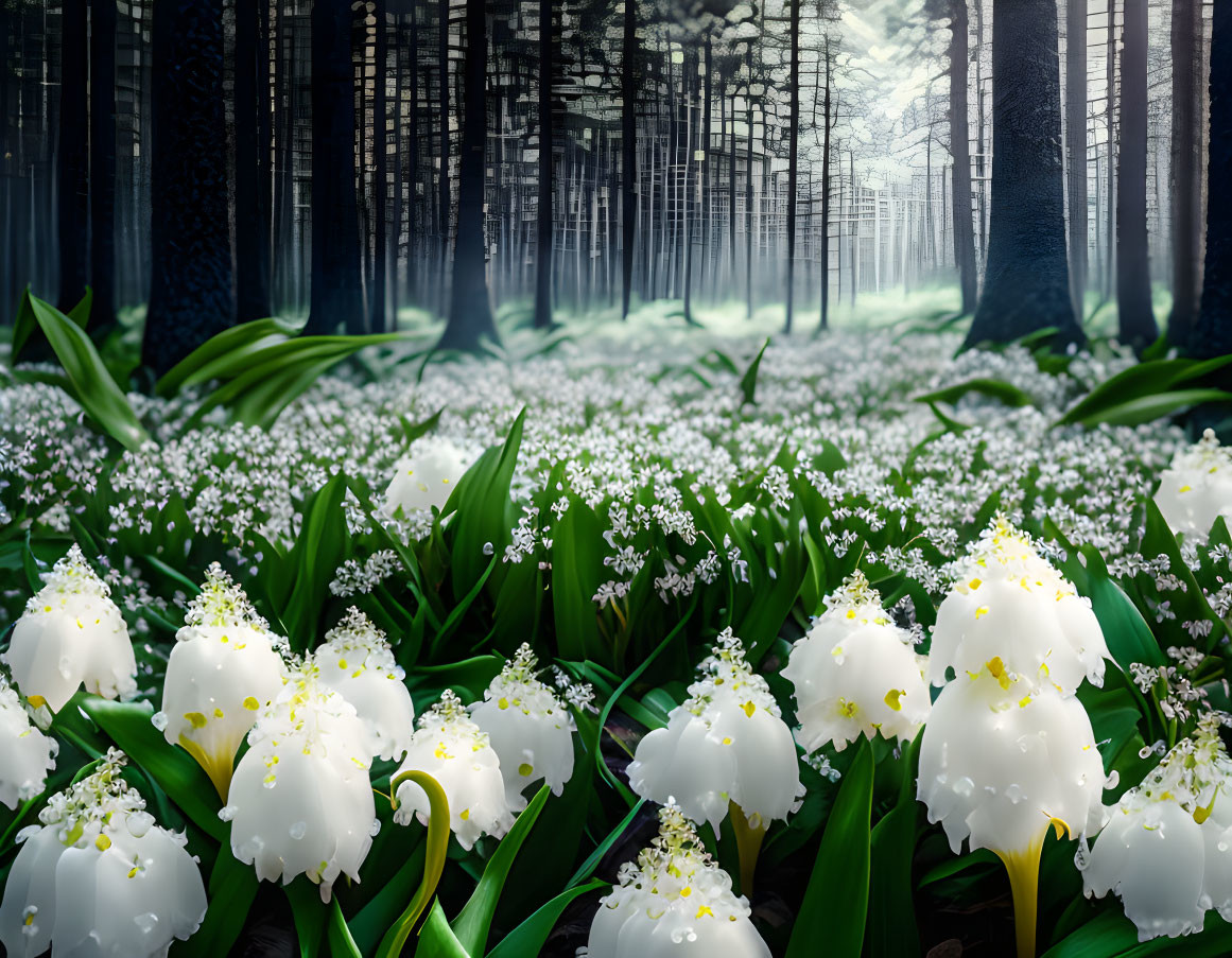 Enchanting forest scene with white flowers, lush greenery, soft sunlight, and serene mist