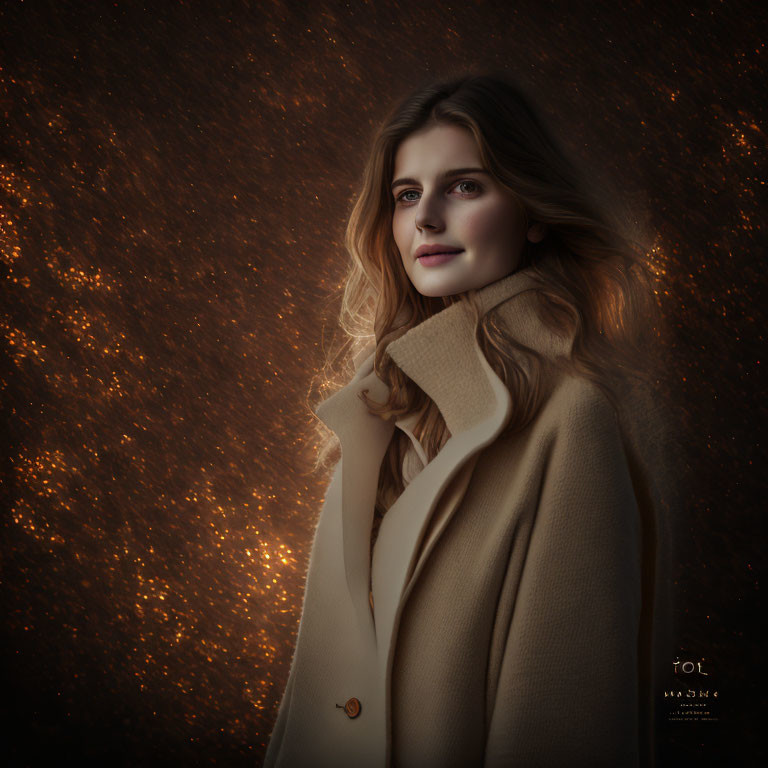 Woman with Wavy Hair in Beige Coat on Dark Sparkling Background