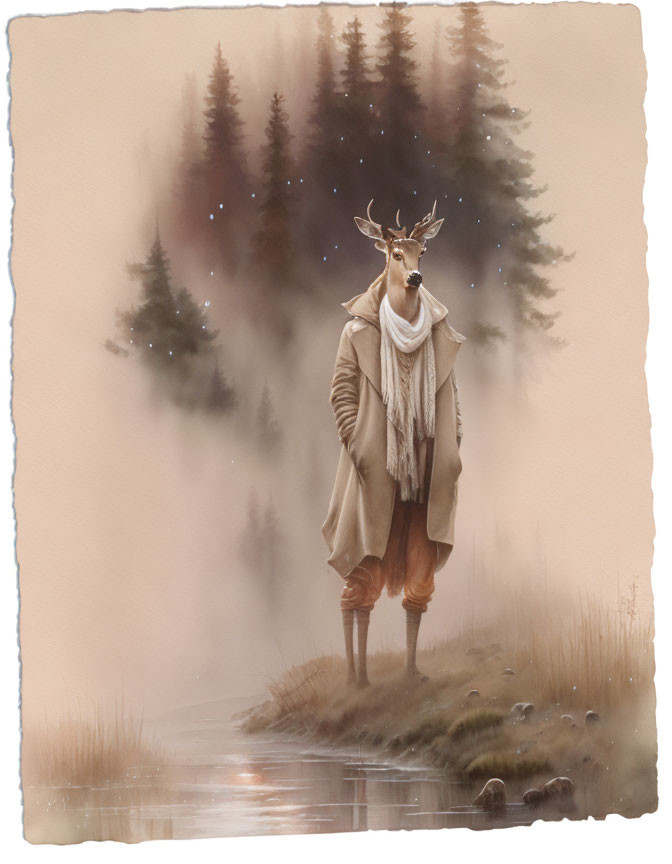 Anthropomorphic deer in trench coat and scarf by misty river