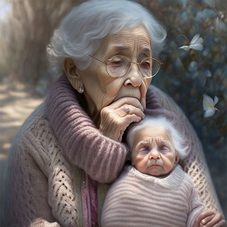 Elderly woman cradling sleeping baby in serene nature setting