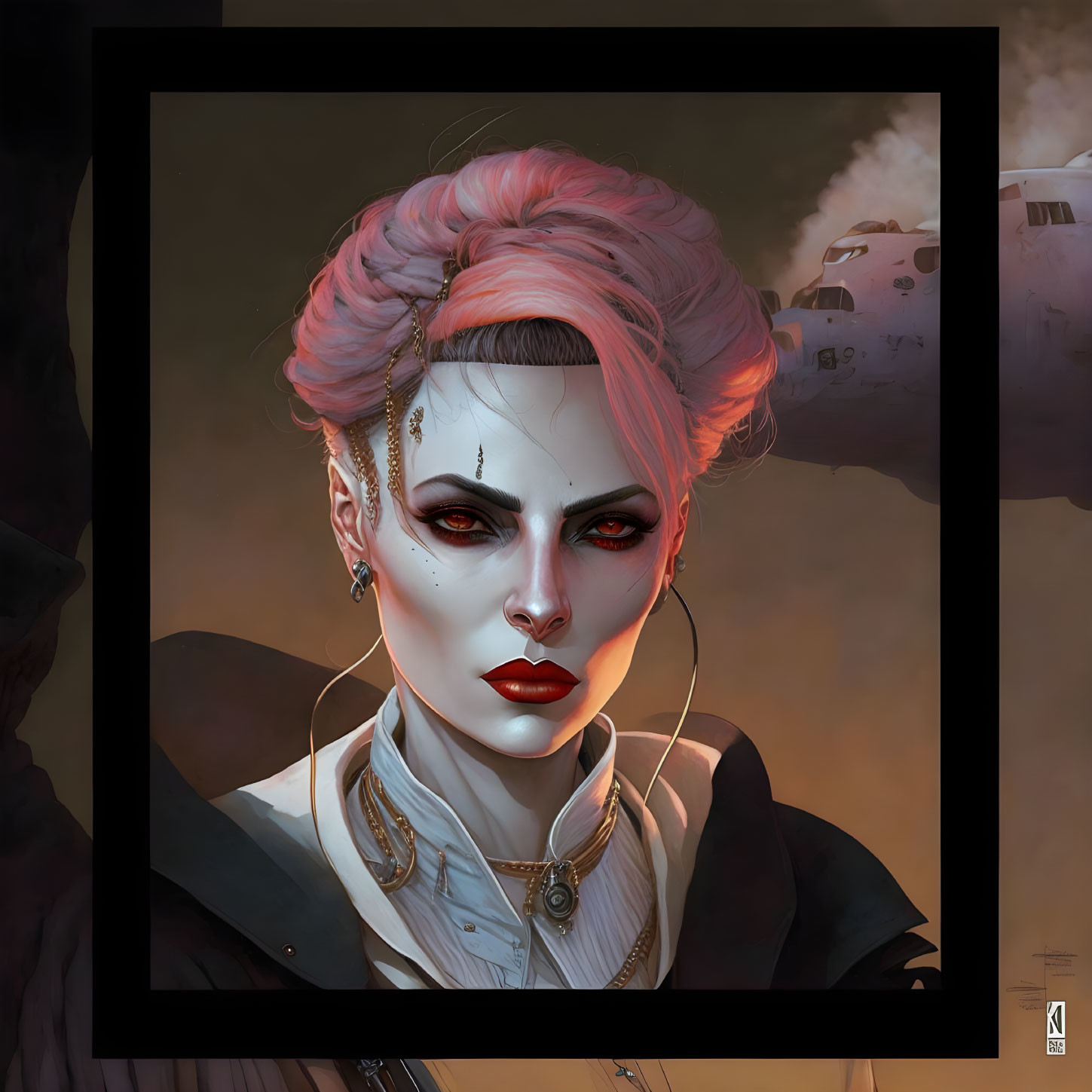 Stylized woman with pink updo, piercings, dark makeup, and ominous helicopters.