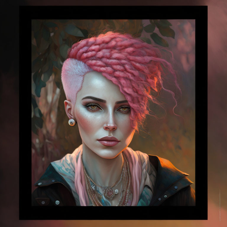 Portrait of a person with shaved side head, pink braided hair, tattoos, piercing, and intense