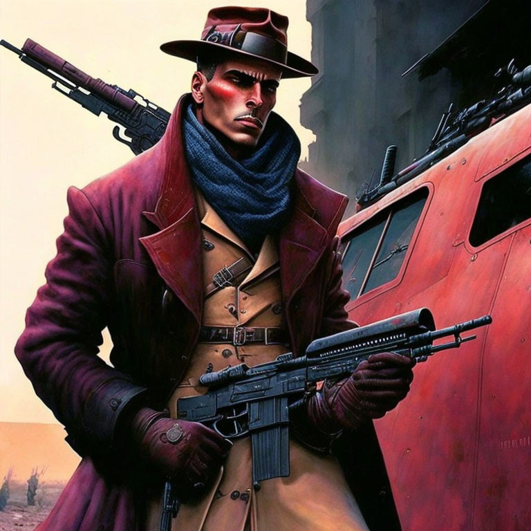 Illustrated character in burgundy coat and hat with rifle, by pink vehicle at dusk