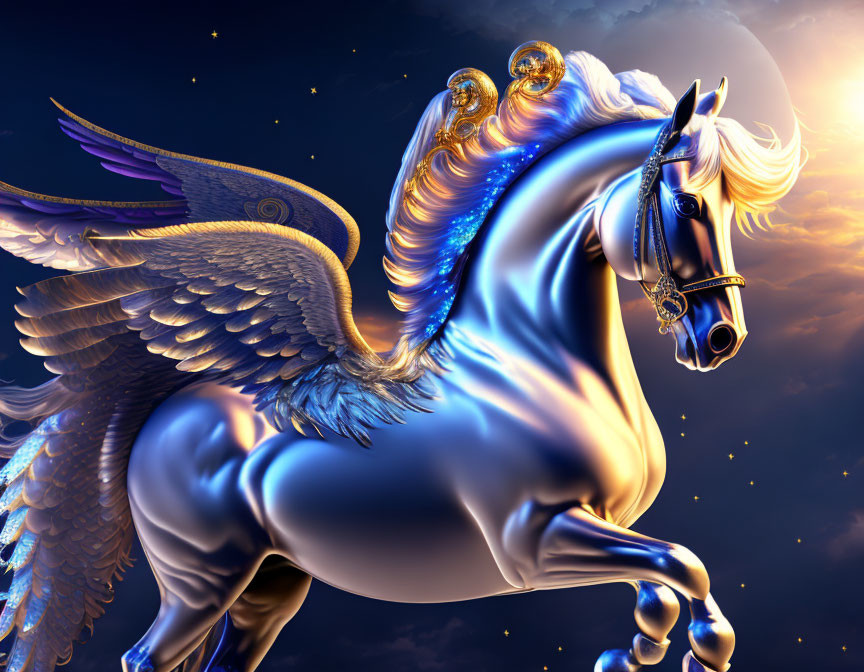 Majestic Winged Horse with Golden Mane in Twilight Sky