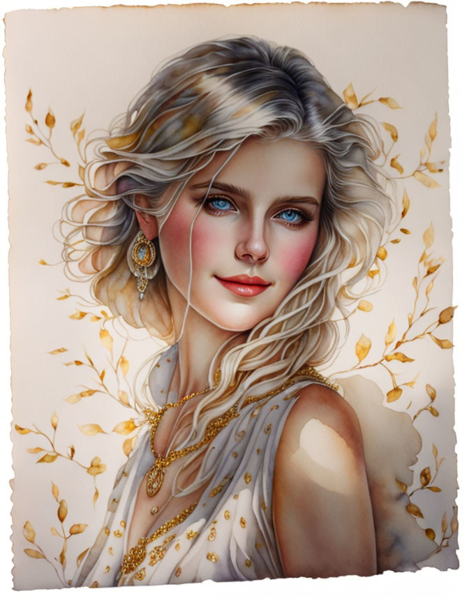 Illustrated portrait of a woman with wavy hair, blue eyes, gold jewelry, and autumn leaves