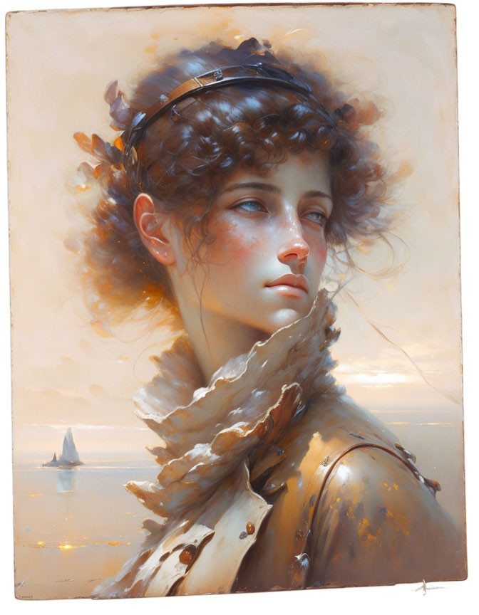 Young woman with ethereal glow and leaves in hair against maritime background