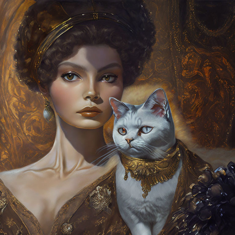 Regal woman and white cat with red eyes on golden background