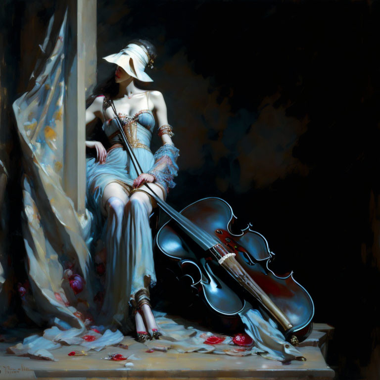 Elegant individual in gown with violin and petals evokes classical beauty