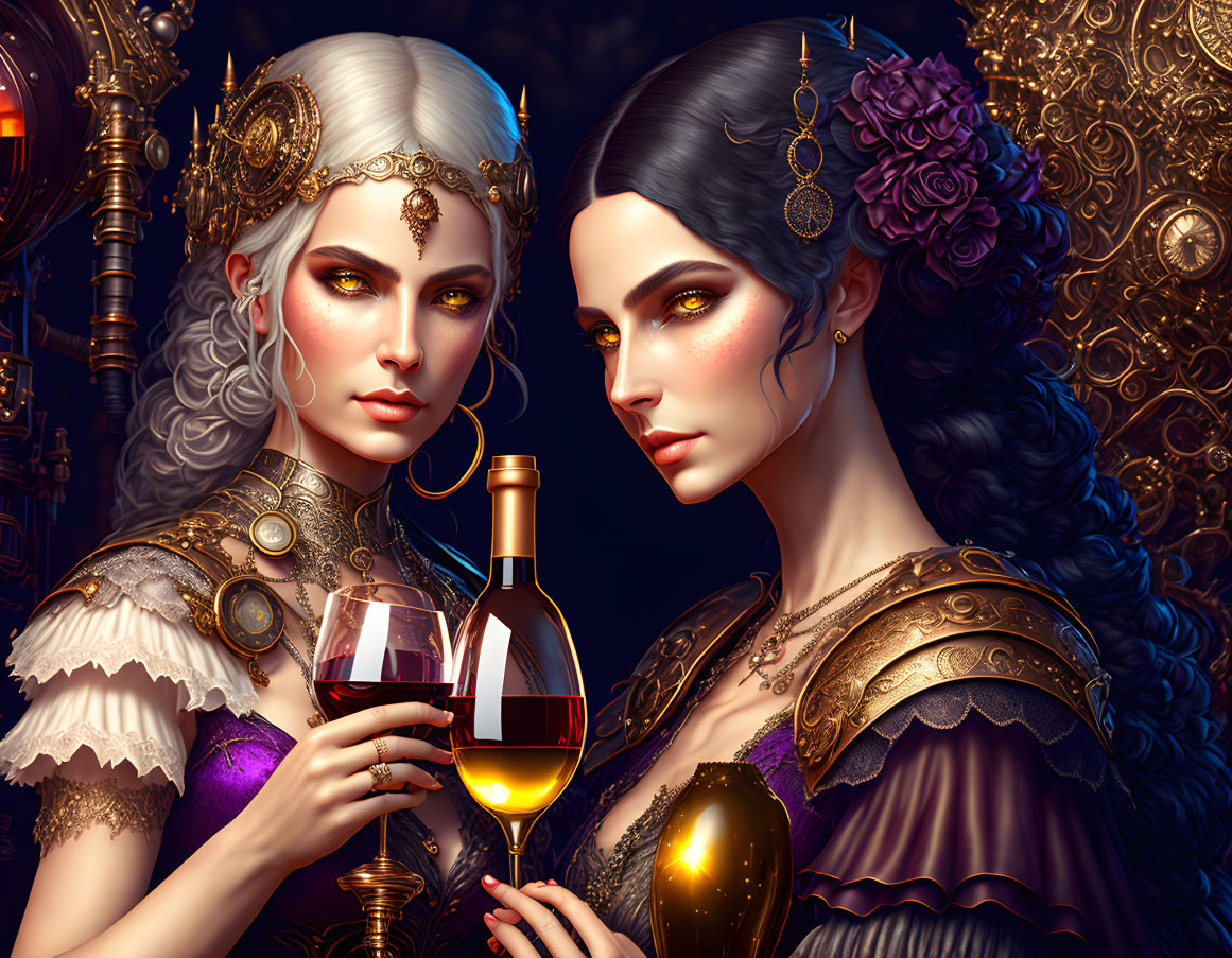 Illustrated female figures with fantasy hairstyles and regal attire holding wine glass and bottle on dark ornate