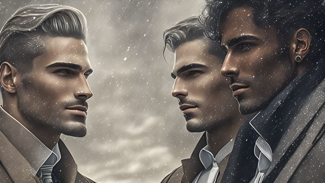 Stylized male characters with sharp features and fashionable hairstyles in profile and three-quarters view against snowy backdrop