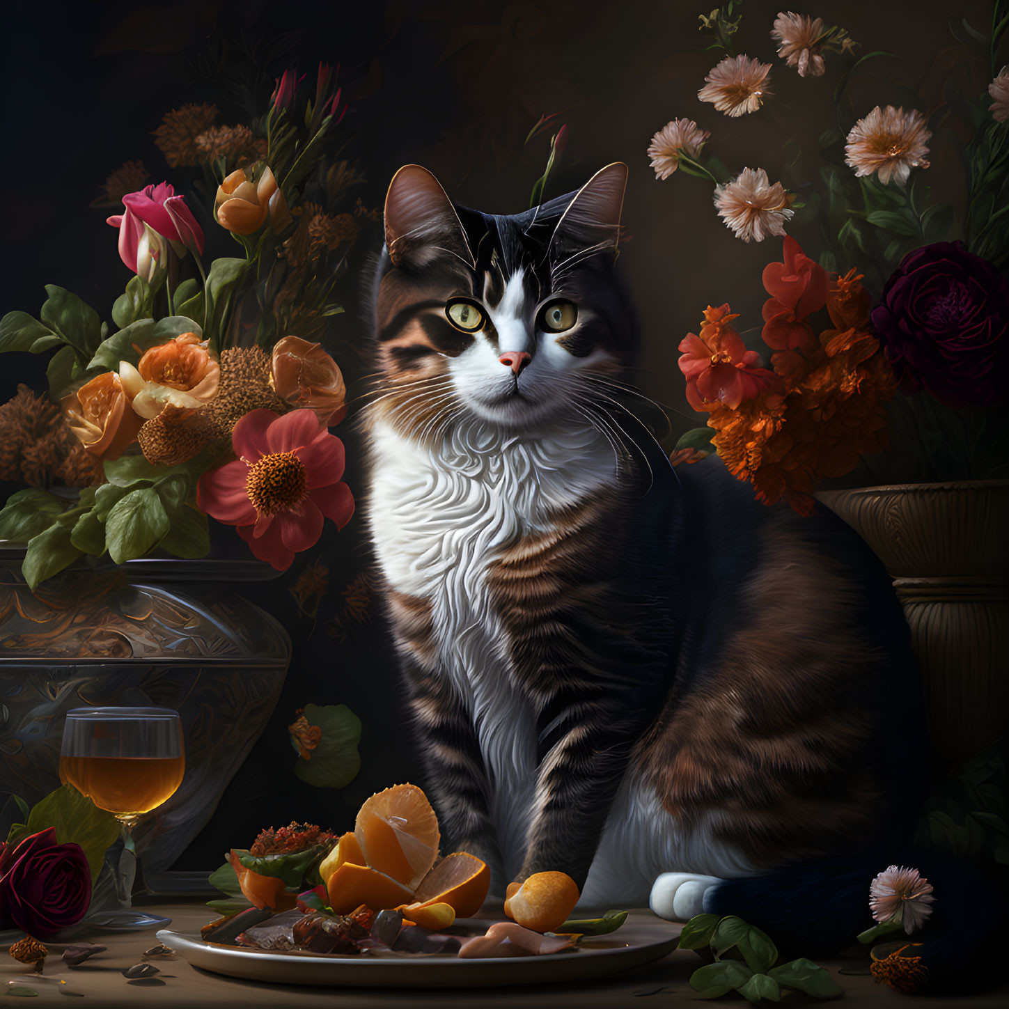 Cat with fruit, wine, and flowers in classical still-life scene