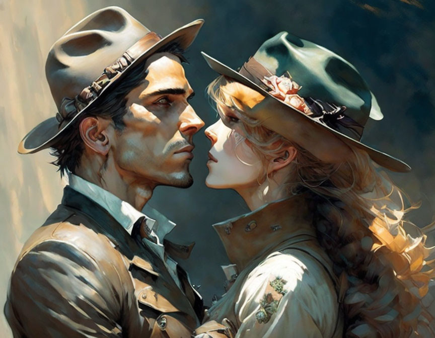 Vintage-themed illustration of man and woman in hats, sharing a gaze in golden light