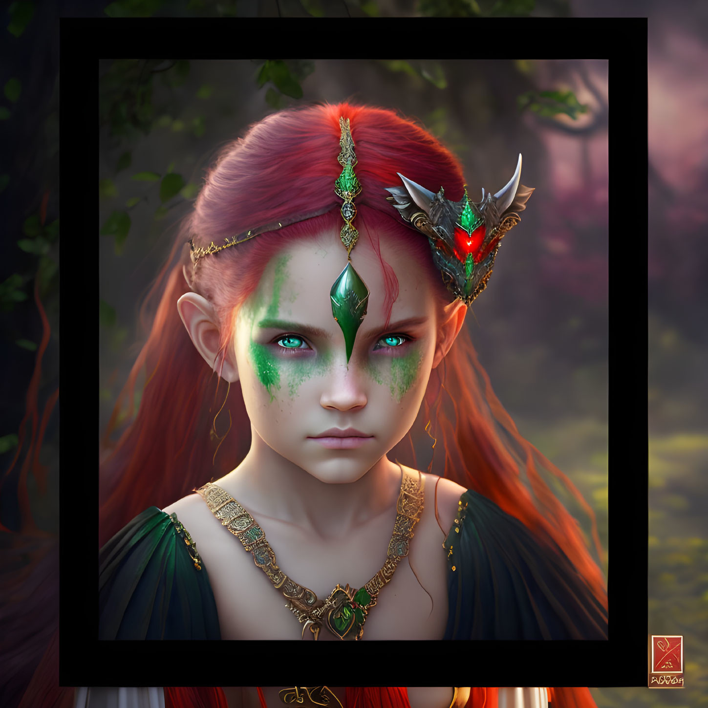 Fantasy portrait: Red-haired girl with green markings and gemstone headdress in mystical forest.