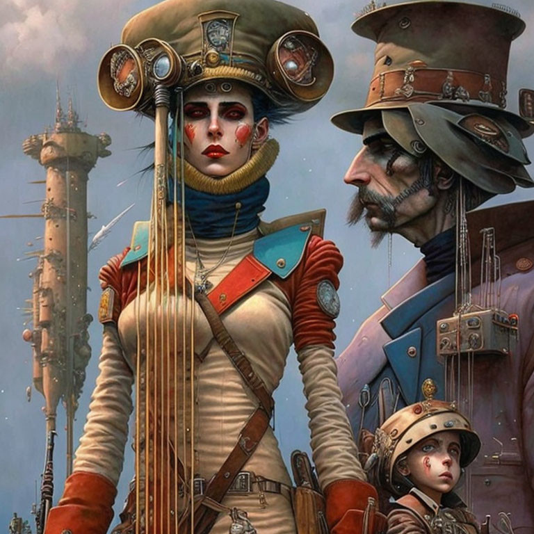 Steampunk-themed illustration with Victorian characters in industrial setting