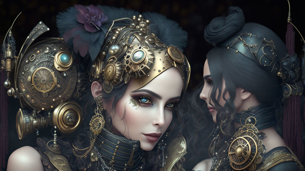 Symmetrical female figures with steampunk headgear and mechanical collars