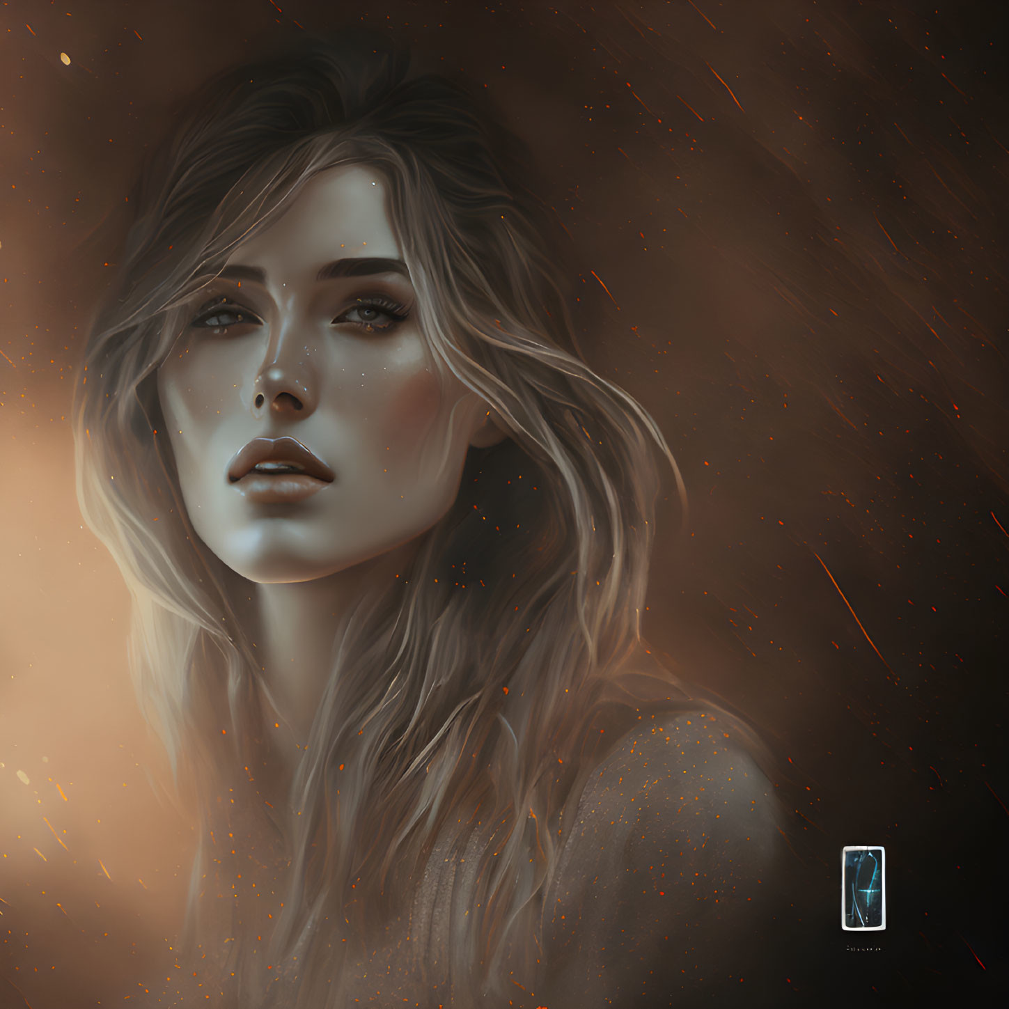 Digital portrait of woman with flowing hair and freckles against starry backdrop