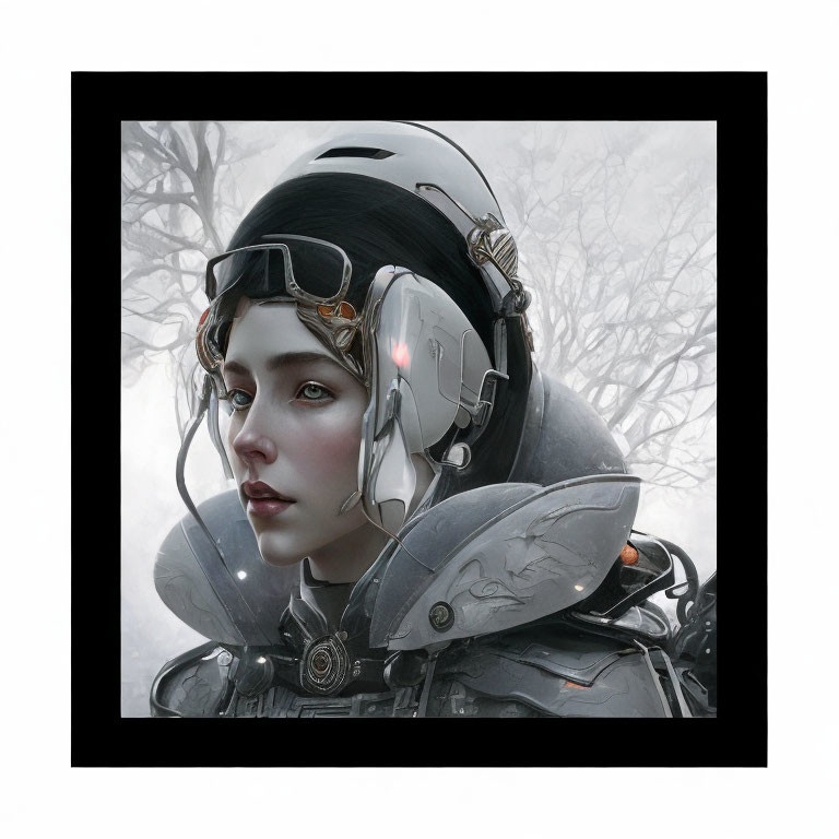 Futuristic silver armor young woman portrait in misty backdrop