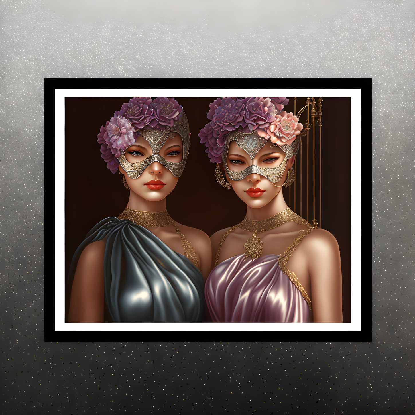 Two Figures in Floral Headpieces and Masquerade Masks in Elegant Portraits