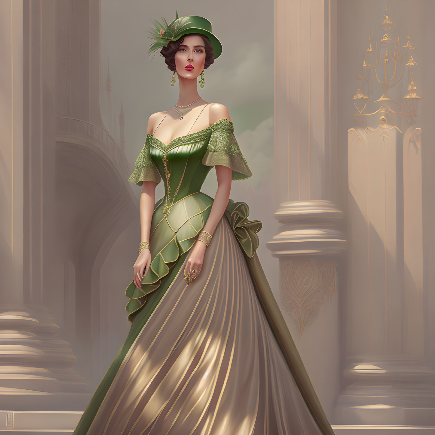 Victorian woman in green and gold gown in grand hallway