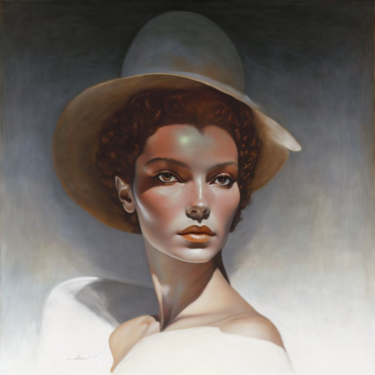 Classic Portrait: Woman with Red Curly Hair, Large Brimmed Hat, Off-Shoulder