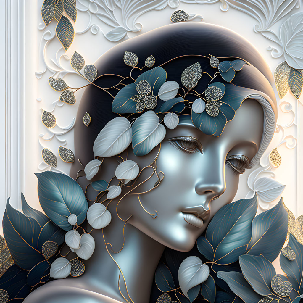 Illustration of woman's face with metallic leaves on white background