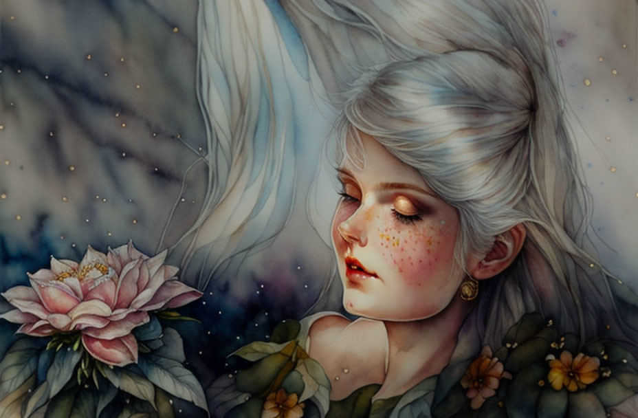 Illustrated portrait of serene woman with white hair and flowers and sparkling accents in fantasy setting