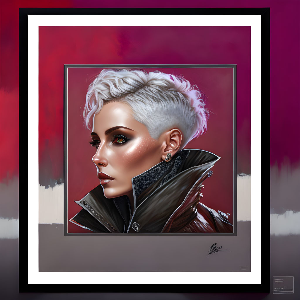 Illustration of woman with pixie cut, earrings, leather jacket on red & white background