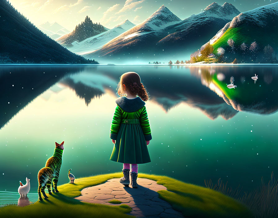 Child and Cat by Tranquil Lake with Swans and Mountains at Night