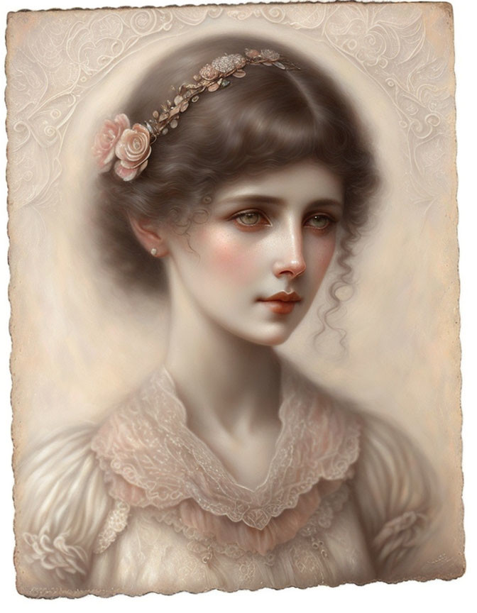 Victorian-style portrait of a woman with floral headpiece and lacy collar