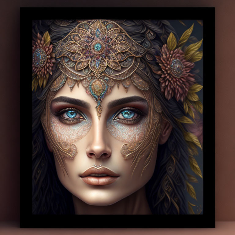 Intricate gold and jewel-adorned headdress on woman with facial tattoos