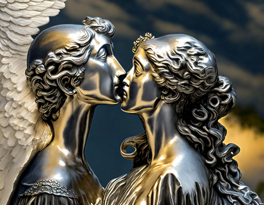 Metallic statues with angelic wings and classical hairstyles in tender kiss against cloud backdrop.