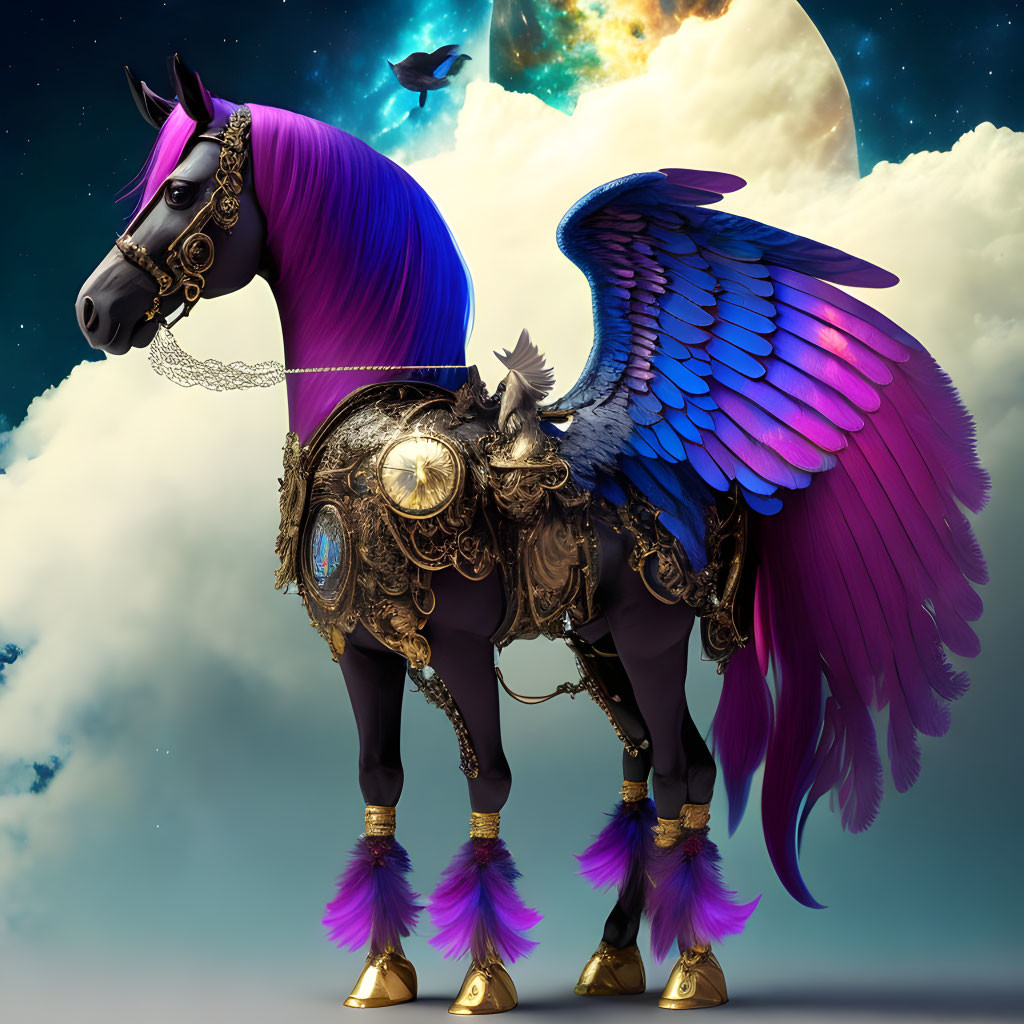 Mystical winged horse with purple mane and ornate golden armor in celestial setting