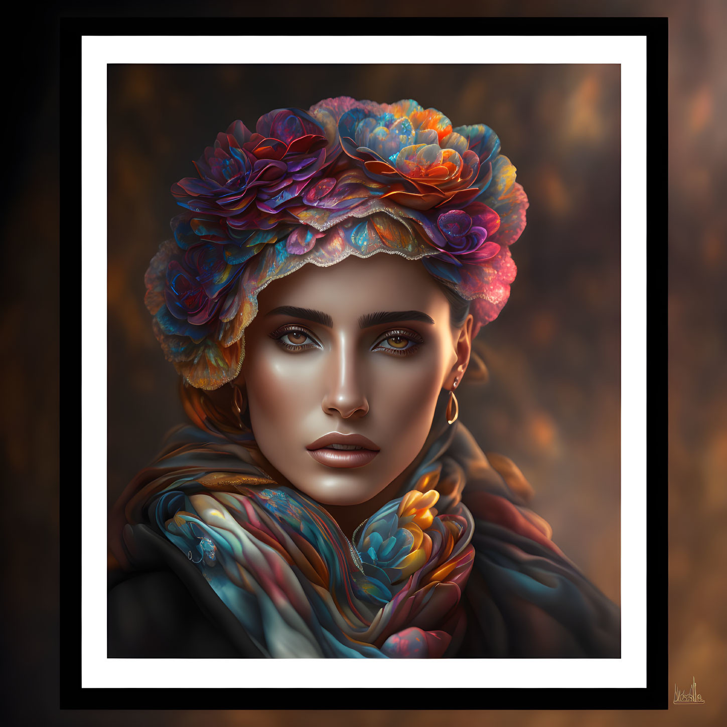 Vibrant floral hat and colorful scarf on woman portrait with rich warm tones