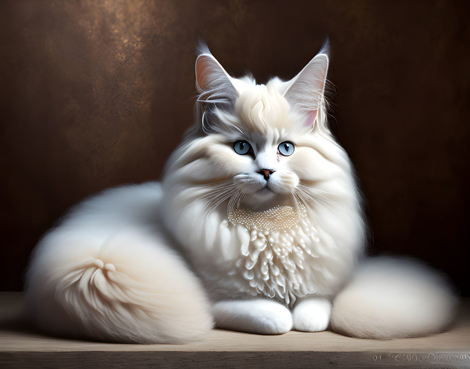 Fluffy white cat with blue eyes and pearl necklace on textured backdrop