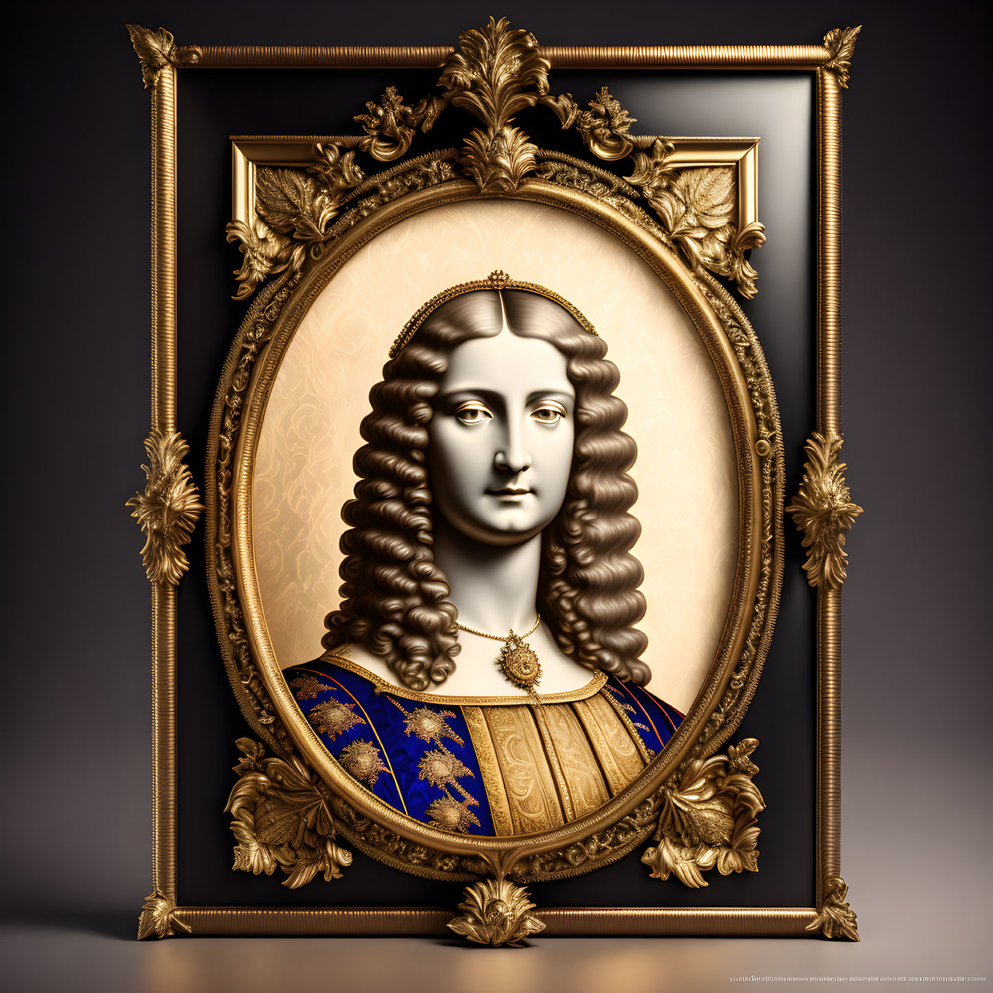 Golden Frame Surrounds Portrait of Woman in Blue and Gold Gown