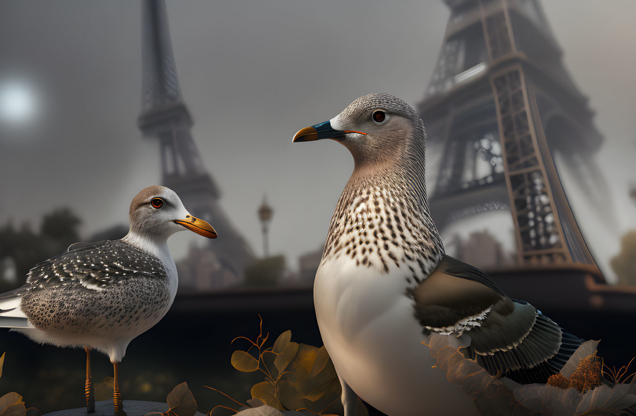 Realistic Seagulls with Eiffel Tower Background at Twilight