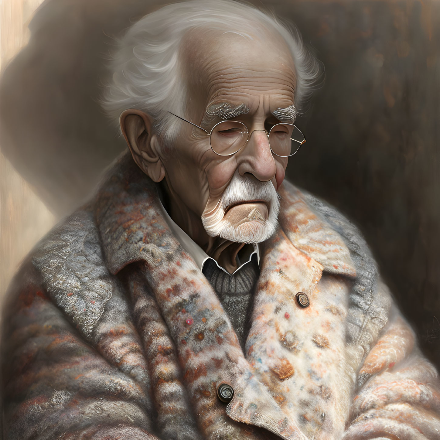 Elderly man with white hair, beard, and glasses in beige coat, eyes closed.