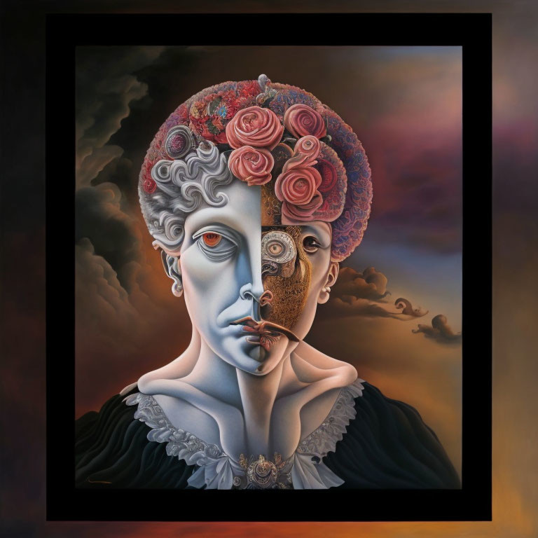 Dual-faced surreal portrait with floral and decaying sides against cloudy backdrop.