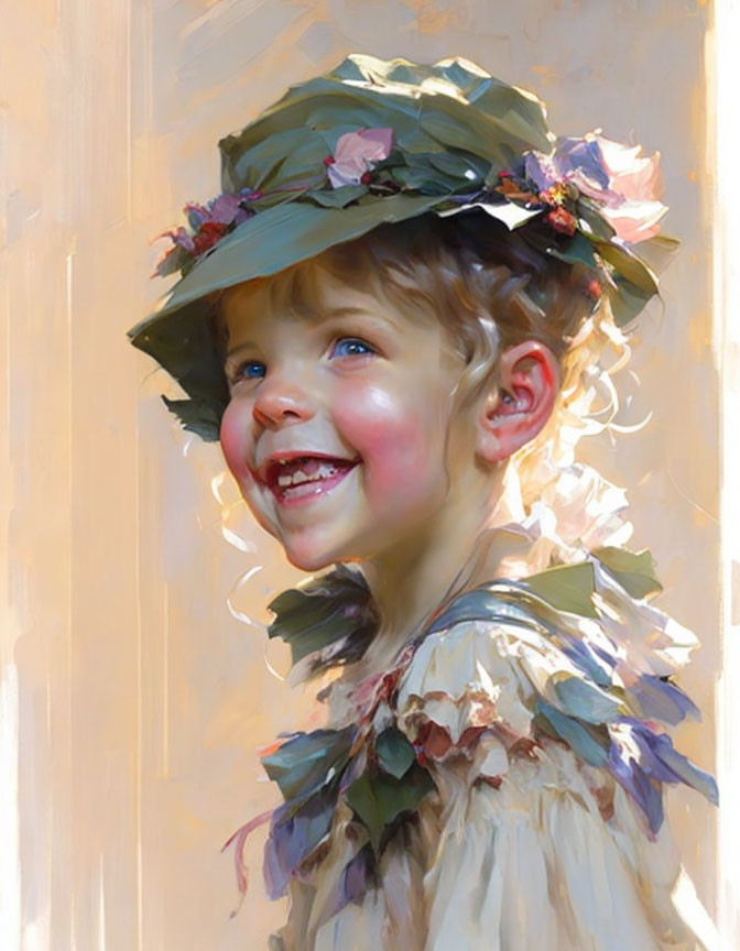 Joyful child in flower hat basking in sunlight