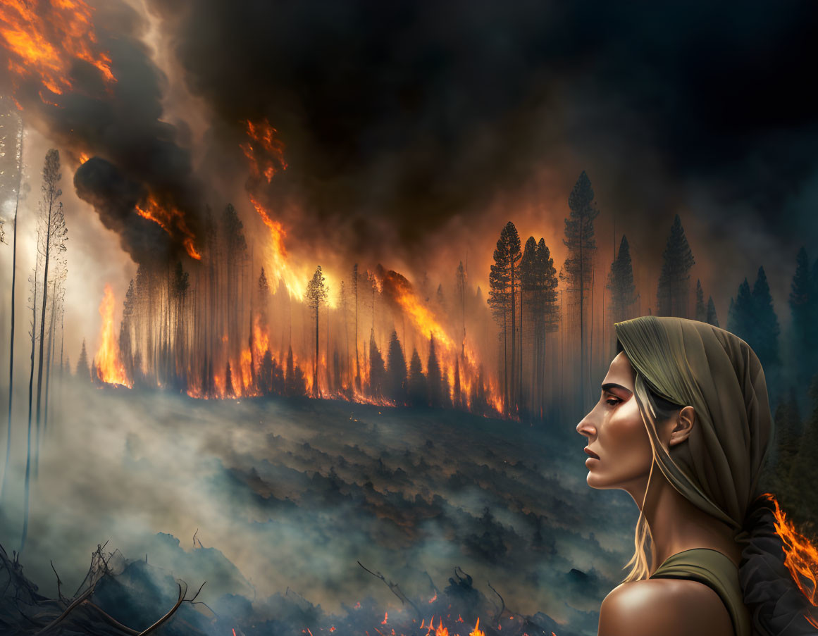 Woman with braid profile against raging forest fire and smoke-filled sky