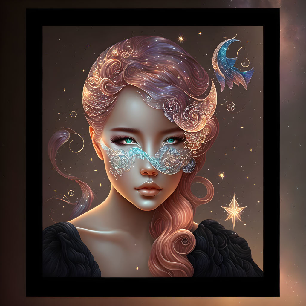 Fantasy illustration: Woman with turquoise eyes, cosmic mask, swirls, and stars on dark backdrop