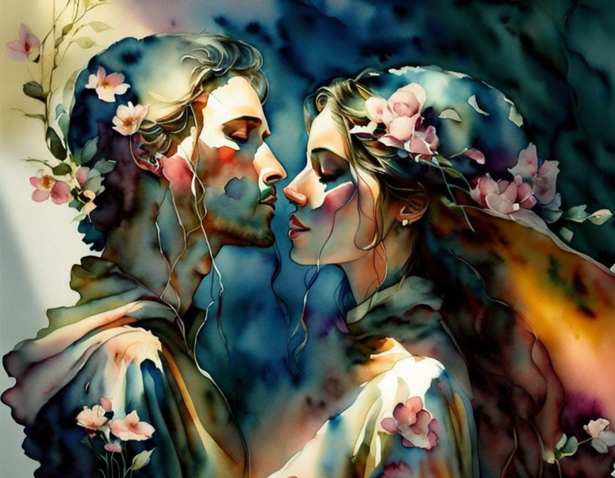 Romantic couple in embrace with flowers in watercolor art