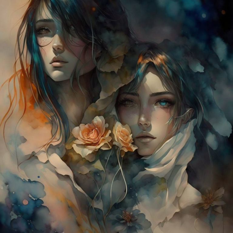 Ethereal portrait of two women with blue eyes in soft floral setting